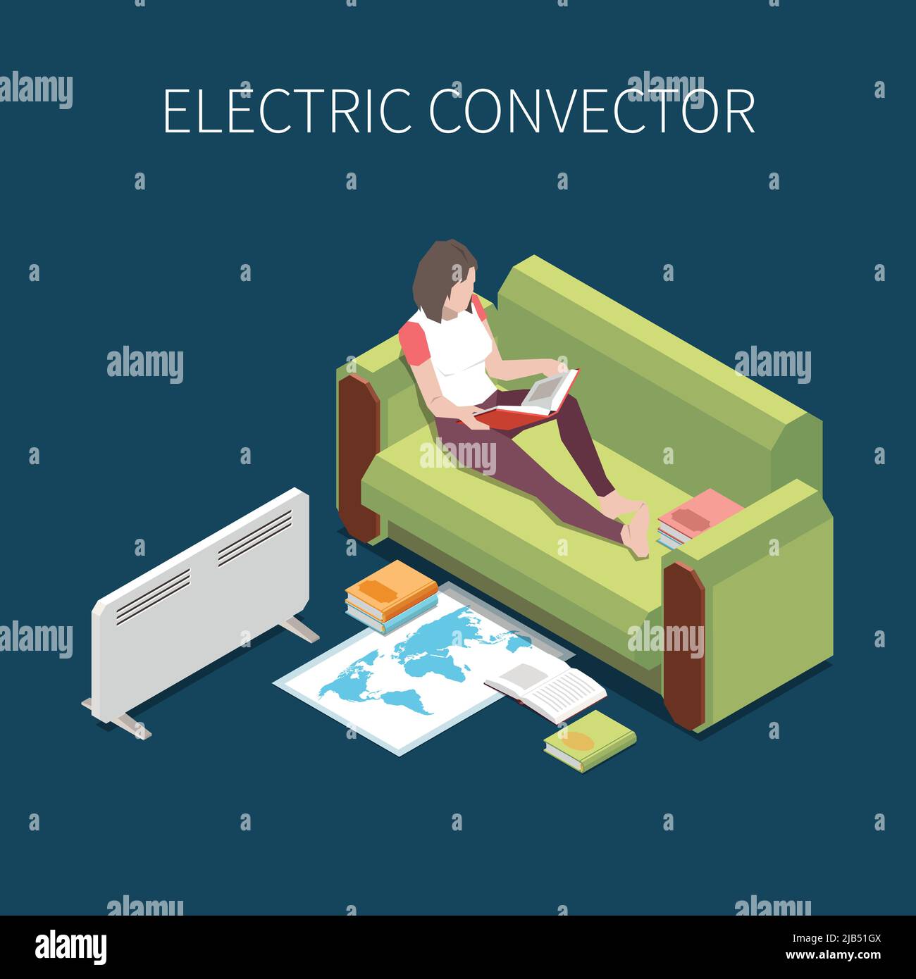 Woman reading on sofa with electric convector heating room 3d isometric vector illustration Stock Vector