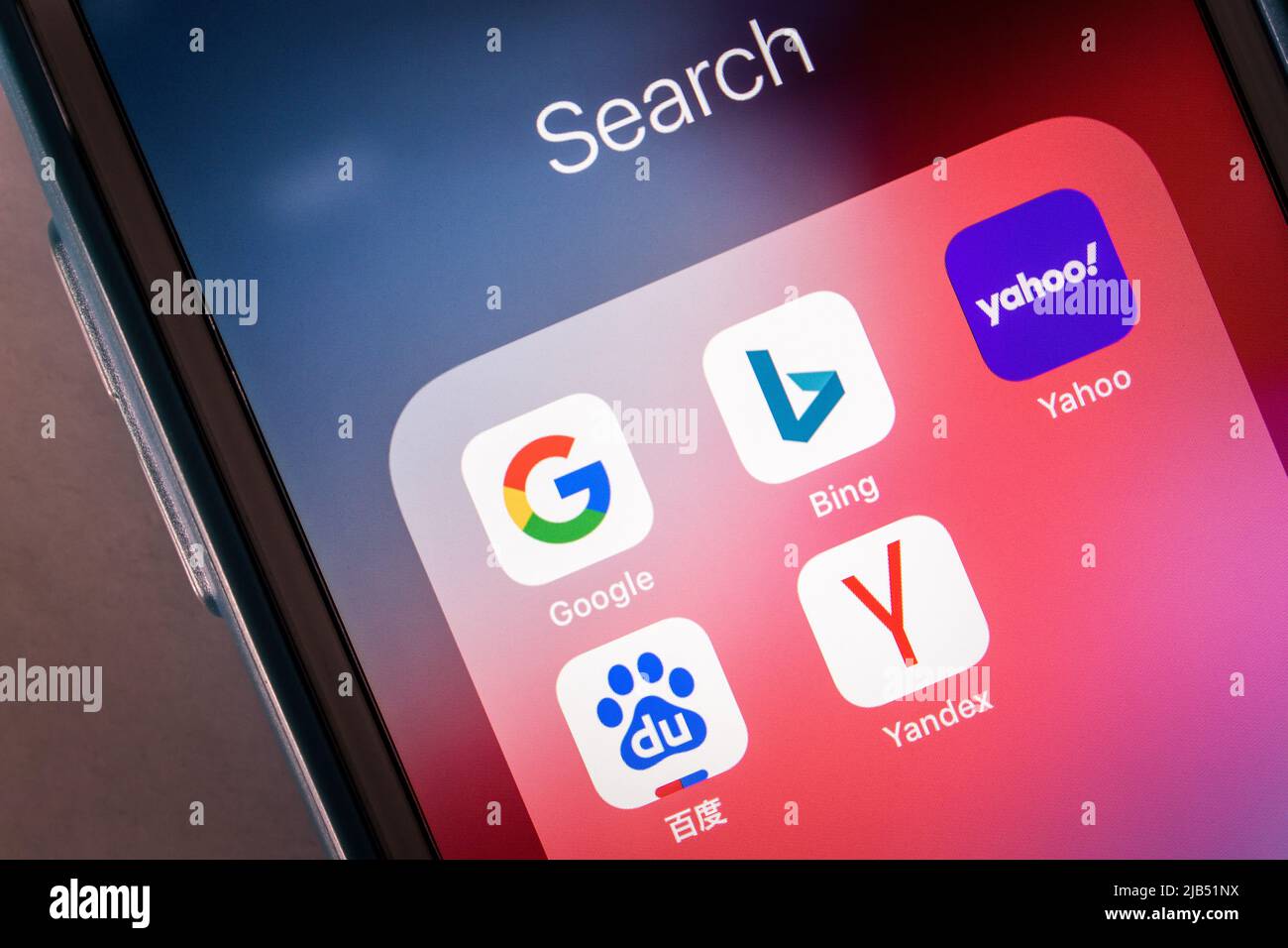 Kumamoto / JAPAN - Oct 20 2020 : Close up top search engine icons (Google, Bing, Yahoo, Baidu and Yandex) on iPhone screen Stock Photo