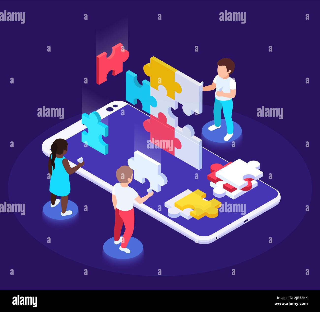 Modern futuristic playground isometric composition with characters of kids moving puzzle pieces on top of smartphone vector illustration Stock Vector