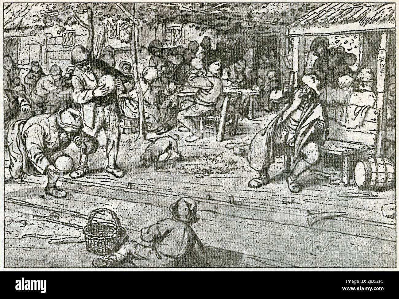 Un estaminet ,en Hollande, au XVIIe siècle. Qui a déménagé à la cloche de bois se mêle à la foule sans se faire remarquer. Stock Photo