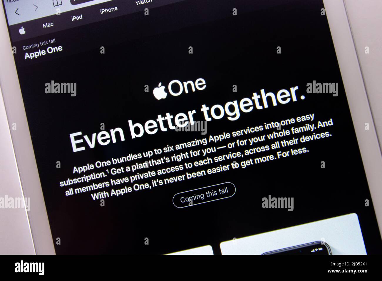 Website of Apple One, subscription bundles 2TB iCloud, Apple Music, Apple TV+, Apple Arcade, Fitness+, and Apple News+ together for one price, on iPad Stock Photo