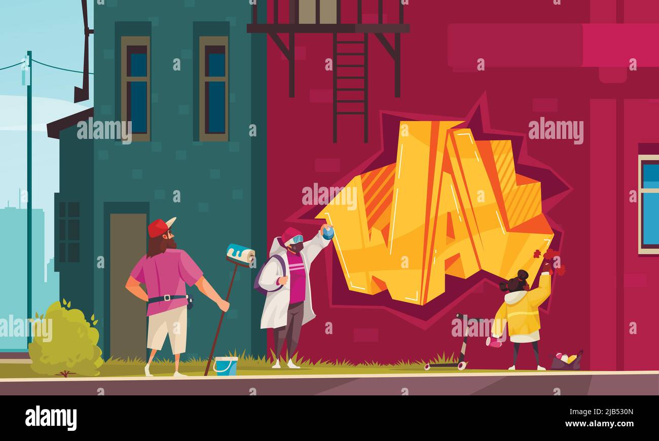 Street artist family father mother kid graffiti painting wall with