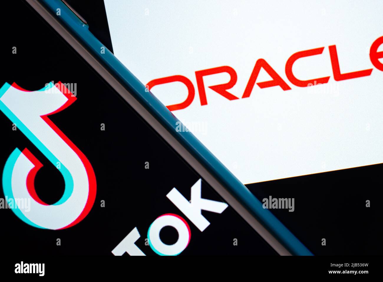 Kumamoto / JAPAN - Sep 19 2020 : TikTok and Oracle brand logo on smart device. Stock Photo