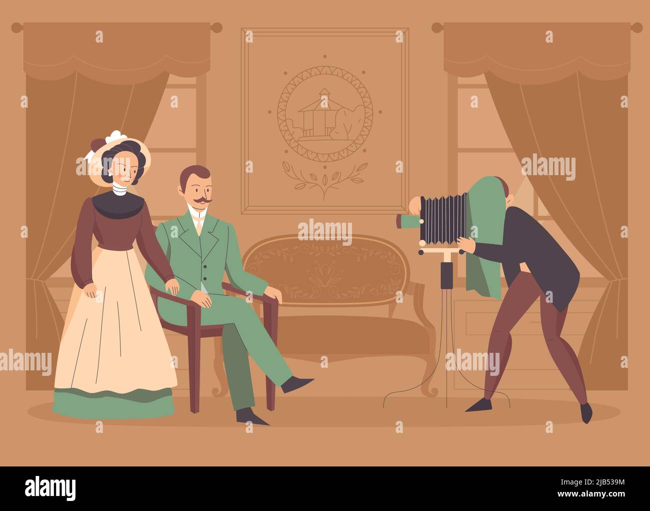 Vintage photographer background with camera and posing family couple vector illustration Stock Vector