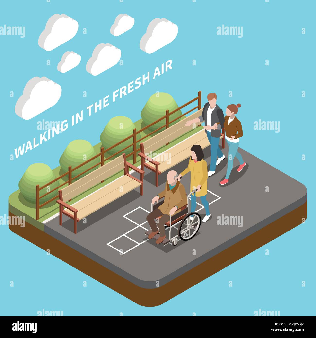 Elderly people professional social help service isometric composition with text and park lane with walking people vector illustration Stock Vector