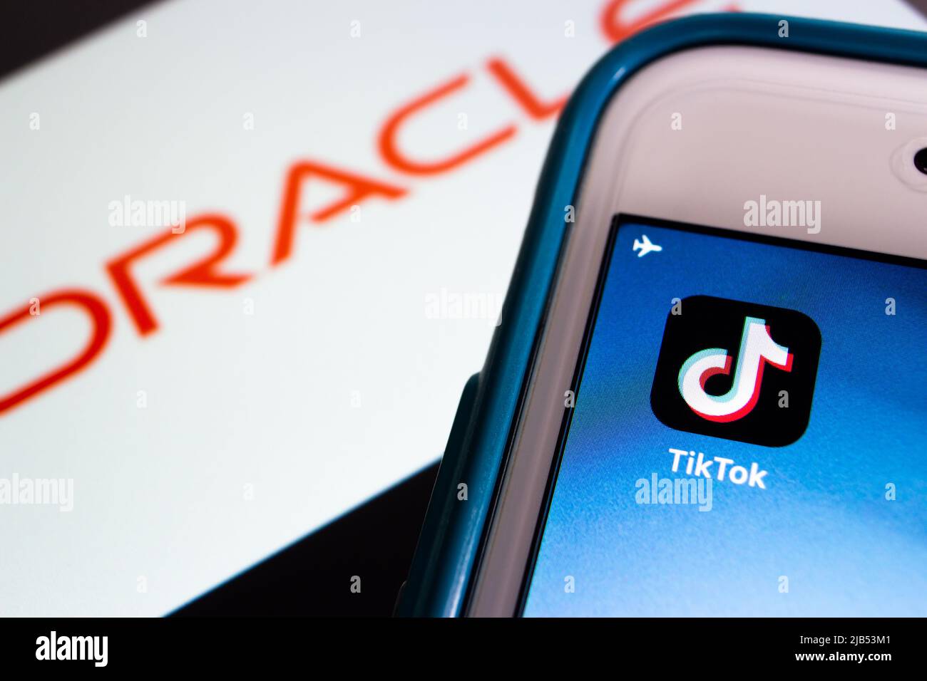 Kumamoto / JAPAN - Sep 19 2020 : TikTok and Oracle brand logo on smart device. Stock Photo