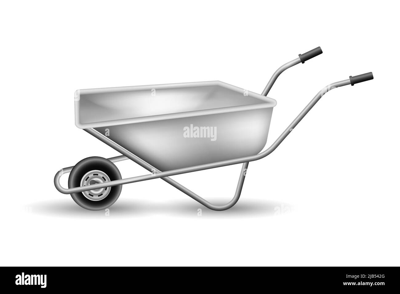 Steel realistic wheelbarrow. Empty device for hauling trash and helping