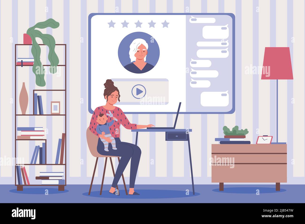 Online education flat background with mother holding baby in her arms and watching video on laptop vector illustration Stock Vector