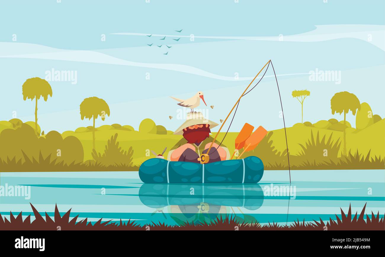 Recreational fishing flat composition with fisherman angling in boat seagull building nest on his hat vector illustration Stock Vector