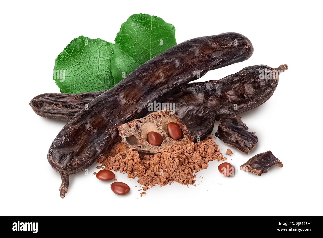 Carob pod and powder isolated on white background with full depth of