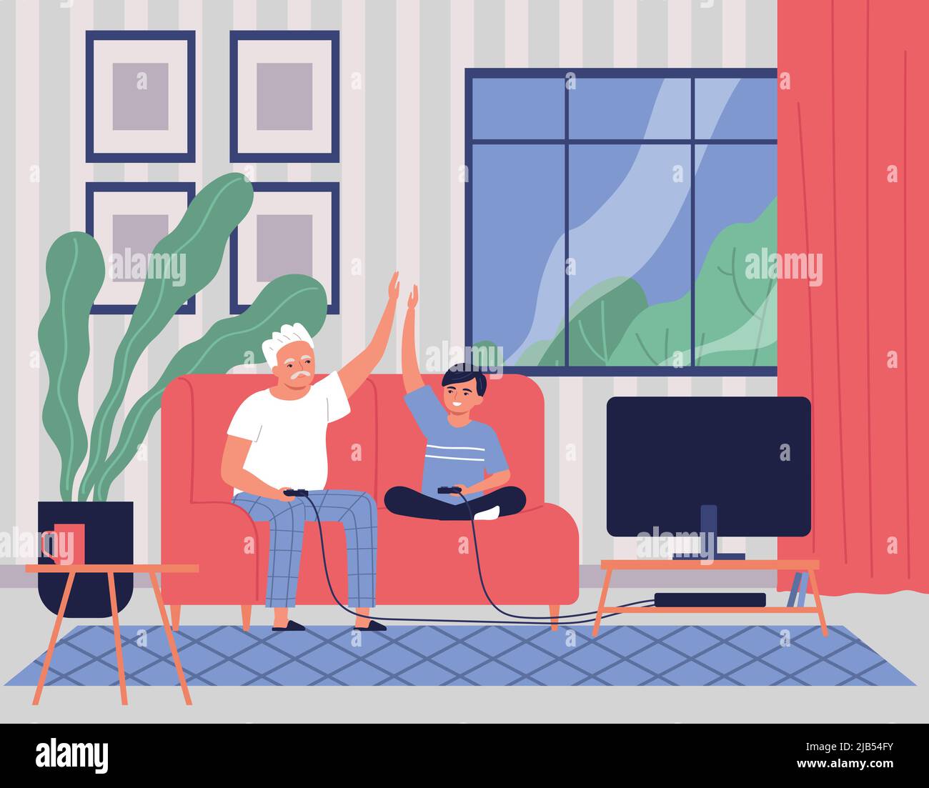 Happy grandfather playing video games on console with his grandson in living room flat vector illustration Stock Vector