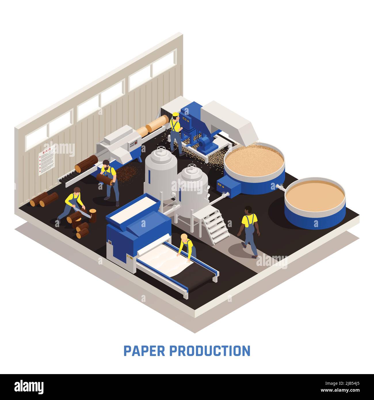 Paper production isometric and colored concept with cut tree