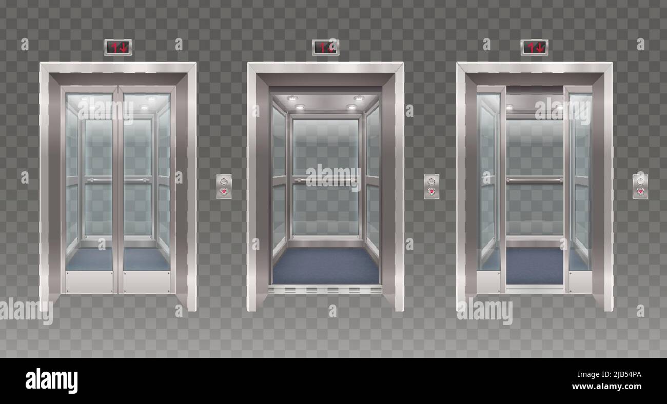 Set of three isolated elevator door realistic images with glass doors windows and silver metal frame vector illustration Stock Vector