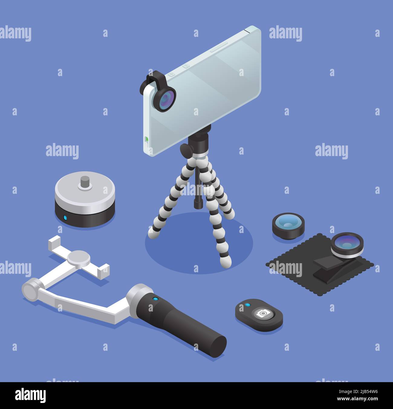 Set of photo and video equipment for the mobile phone on a blue