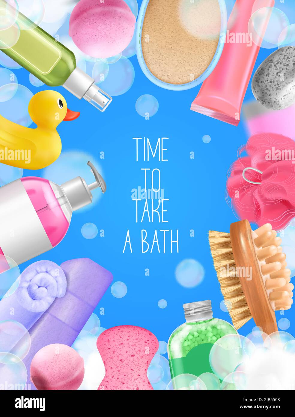 Bath wash design frame concept with hygiene symbols realistic vector illustration Stock Vector
