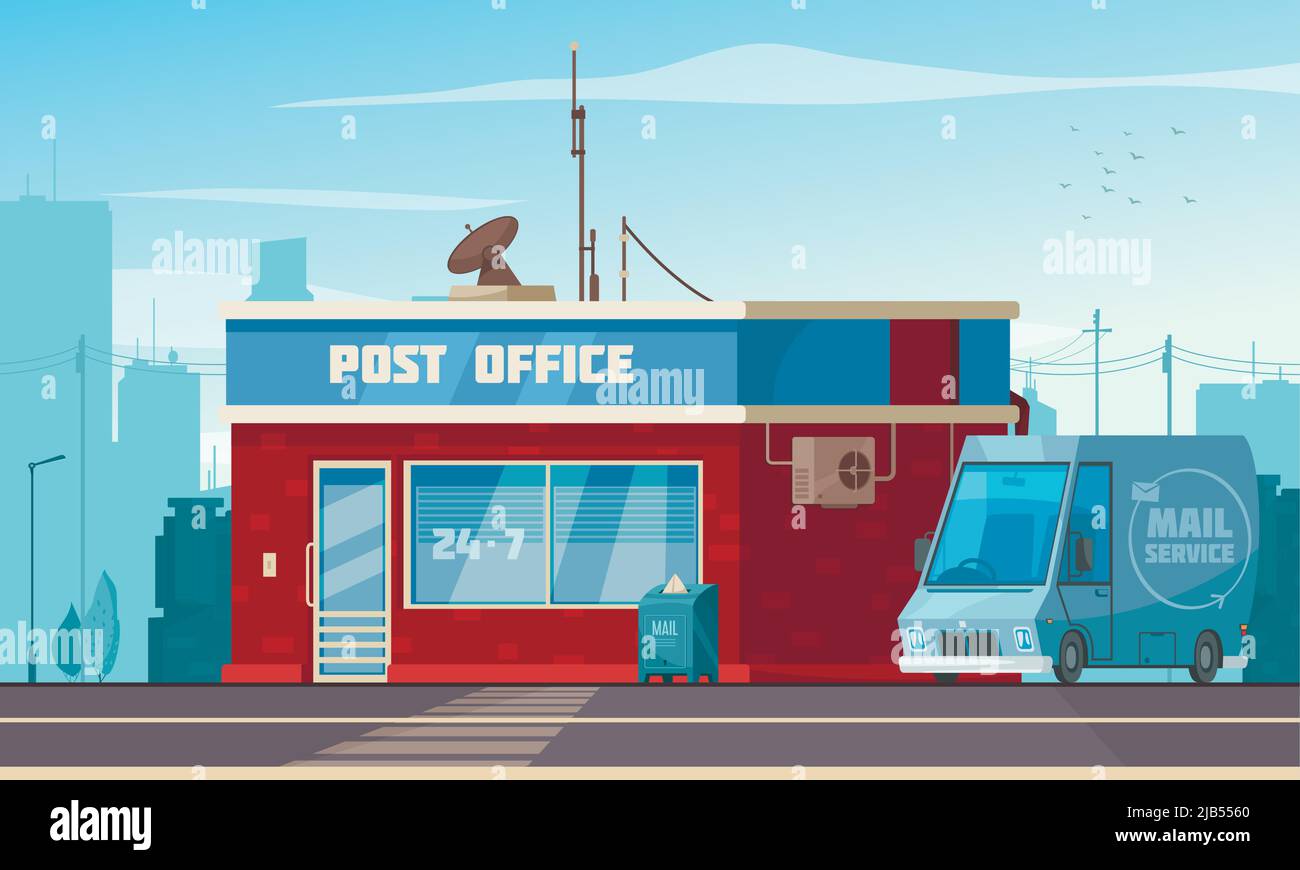 Post office building exterior view with van mailbox parcel collect