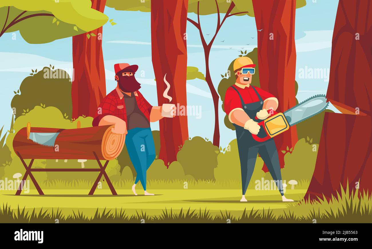 Logging industry lumberjacks working in forest drinking coffee sawing