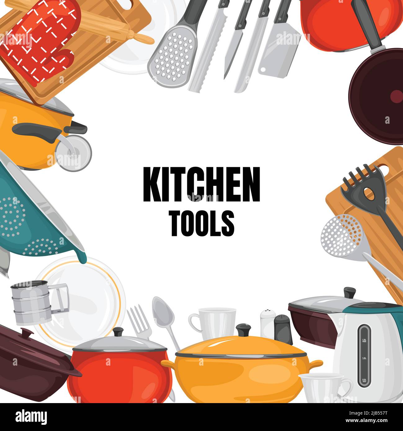 https://c8.alamy.com/comp/2JB557T/kitchen-frame-composition-with-editable-text-surrounded-by-images-of-cooking-utensils-pots-pans-and-cutlery-vector-illustration-2JB557T.jpg