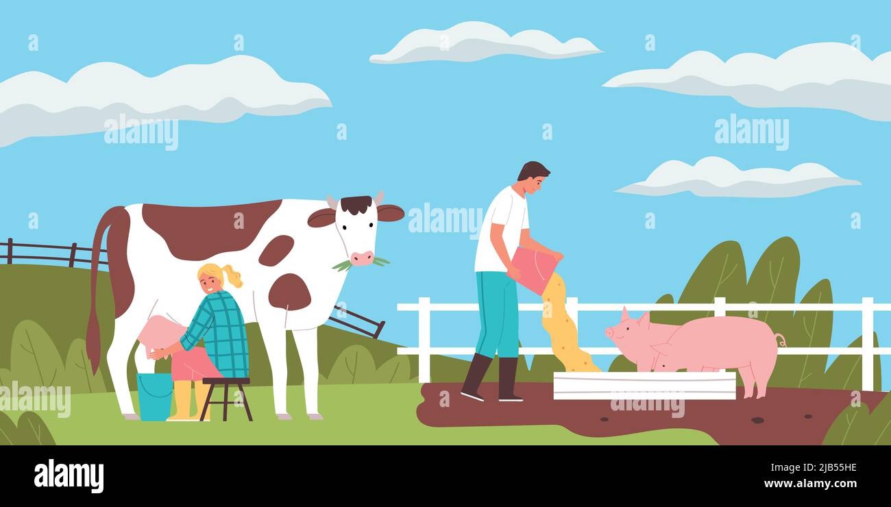Smiling people milking cow and feeding pigs on farm flat vector illustration Stock Vector