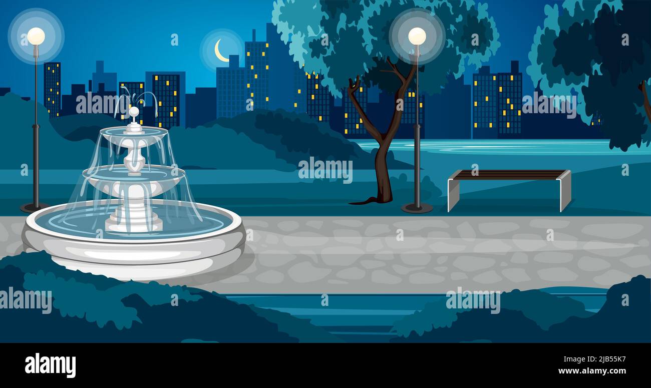Park composition with night view of city park with fountain empty lanes ...