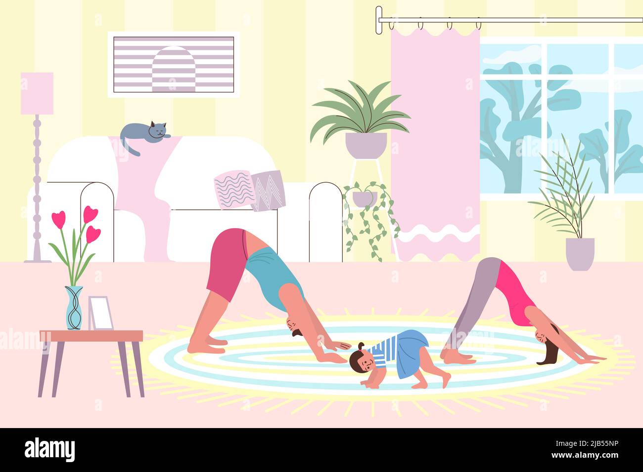 Home gym flat composition with cozy living room scenery and characters ...