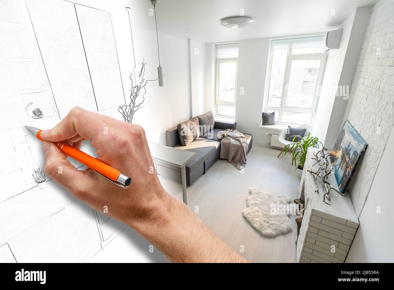 Stylish kitchen interior with modern furniture. Combination of photo