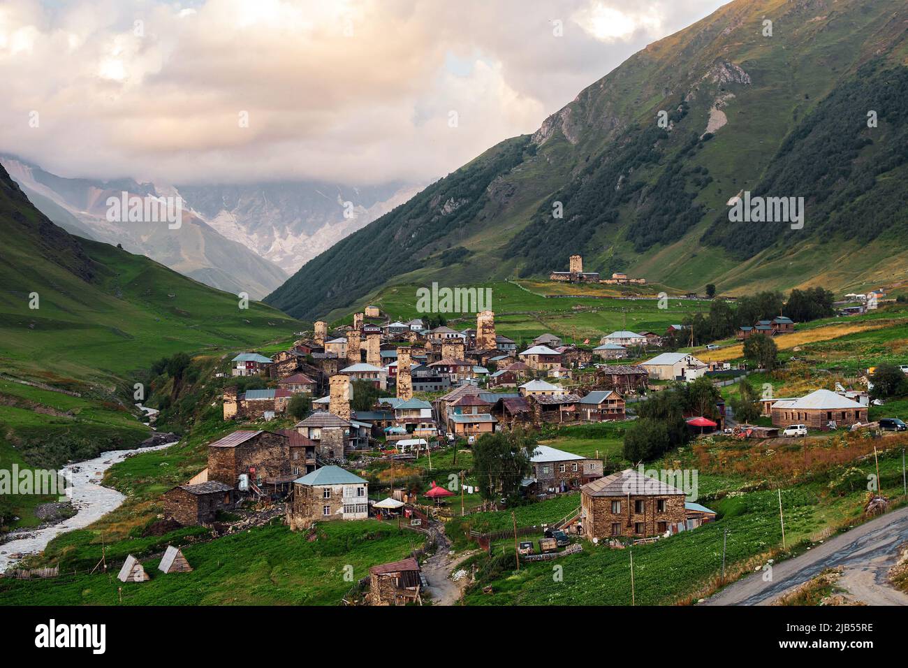Viev of the village of Ushguli, in Georgia Caucasus mountains, upper Svaneti, the highest inhabited village in Europe and an UNESCO World Heritage Sit Stock Photo