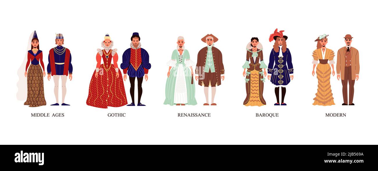 Fashion history costume in middle ages gothic renaissance baroque and modern time isolated flat vector illustration Stock Vector