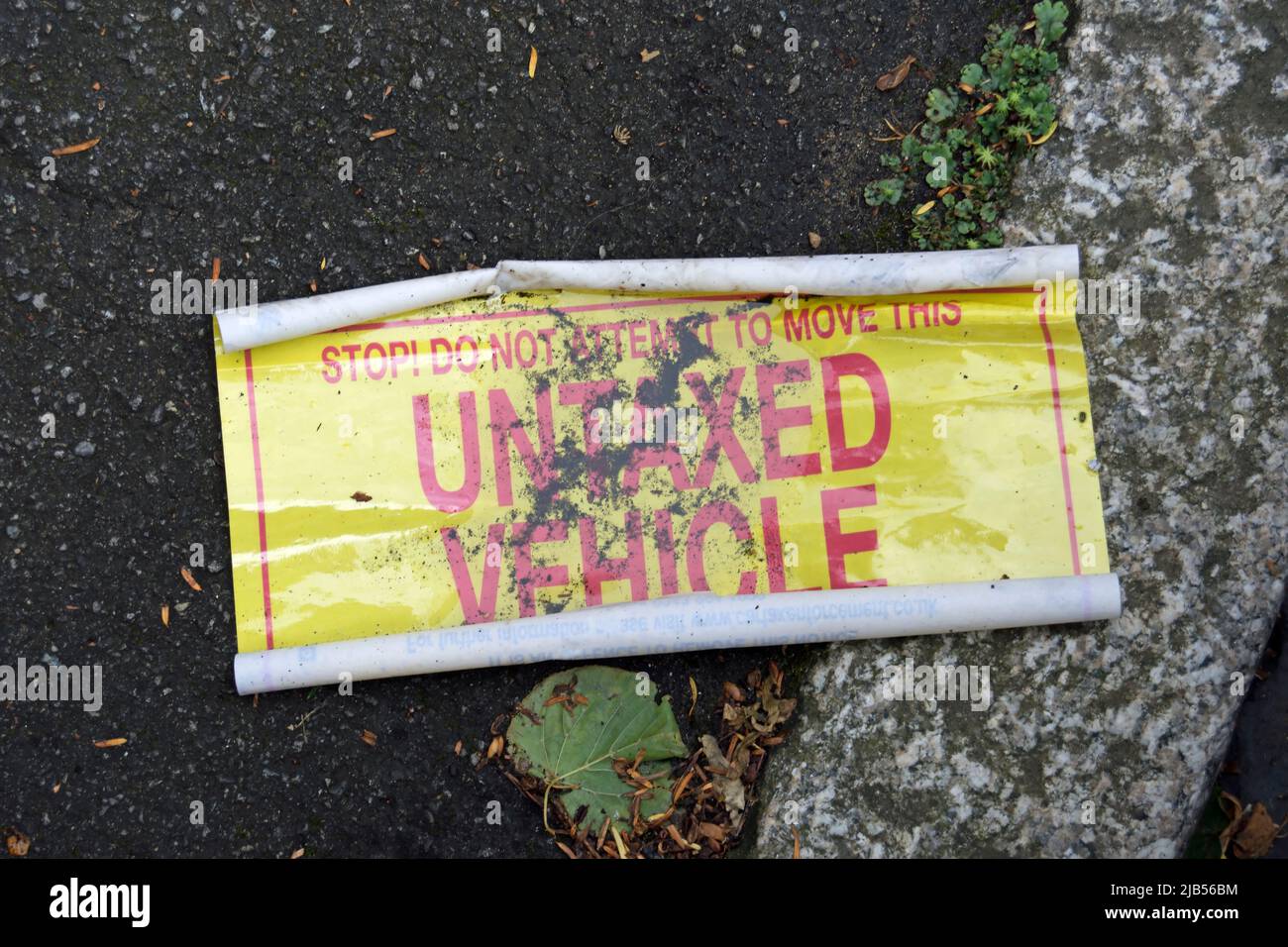 british untaxed vehicle sticker on the ground having been removed from a vehicle despite warning not to remove, twickenham, middlesex, england Stock Photo