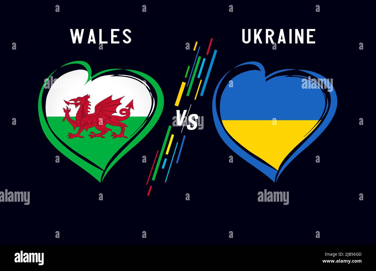 Flag hearts emblem on black background Wales vs Ukraine. National team soccer Welsh and Ukrainian, flag icons. Europe football playoff qualifiers 2022 Stock Vector