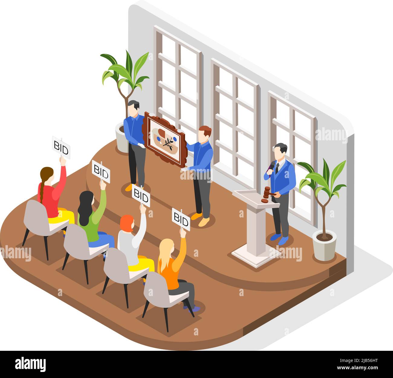 Auction isometric composition with indoor scenery and bidders looking at expensive painting held by auctioneer characters vector illustration Stock Vector