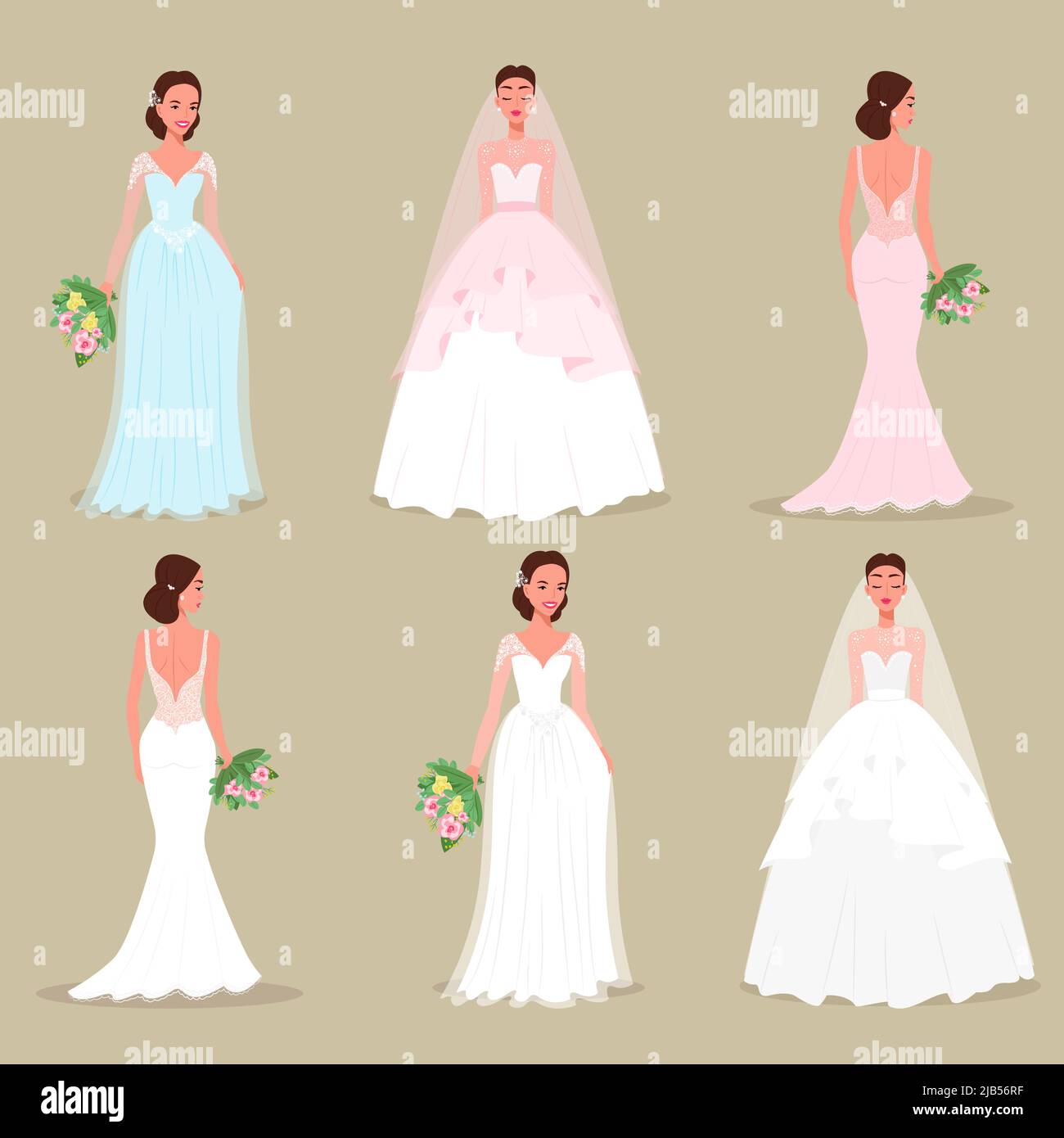 Set of brides in beautiful dresses and hairstyles with bouquets in their hands. Vector illustration flat style Stock Vector