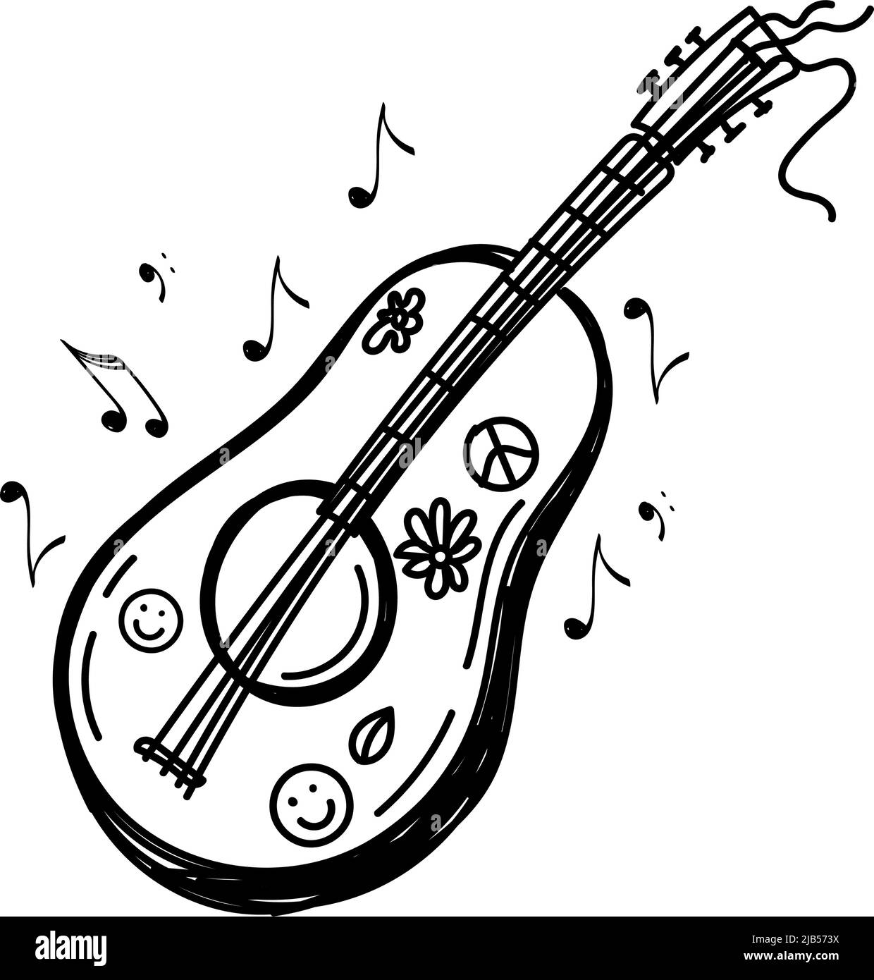 Guitar, a hand-drawn doodle. A stringed plucked musical instrument. Classical guitar. Small acoustic guitar or ukulele. A blues or rock style instrume Stock Vector