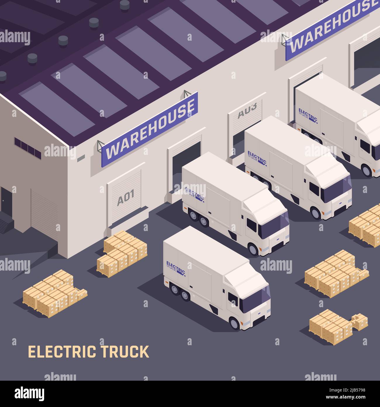 Warehouse loading dock with goods vehicles electric trucks delivery