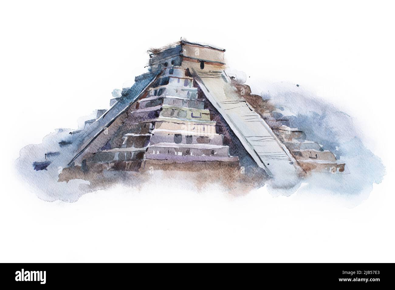 pyramid Chichen Itza in Mexico watercolor drawing. Temple of Kukulkan aquarelle painting. Stock Photo