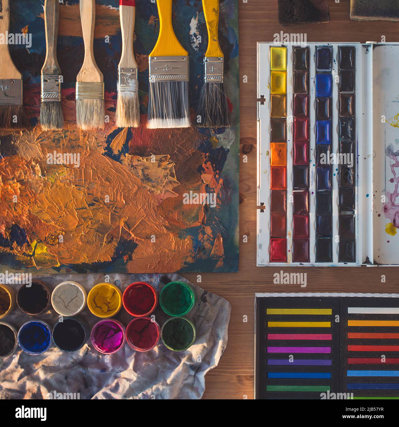 Painting tools gouache, watercolor, crayons set, palette and