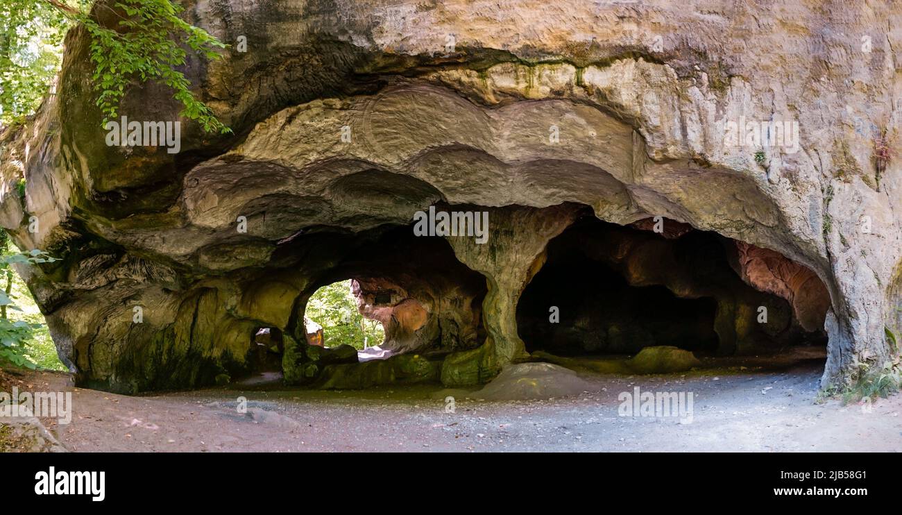 A view of the historic Hohllay Roman cave used for making millstones in the Mullerthal region of Luxembourg Stock Photo