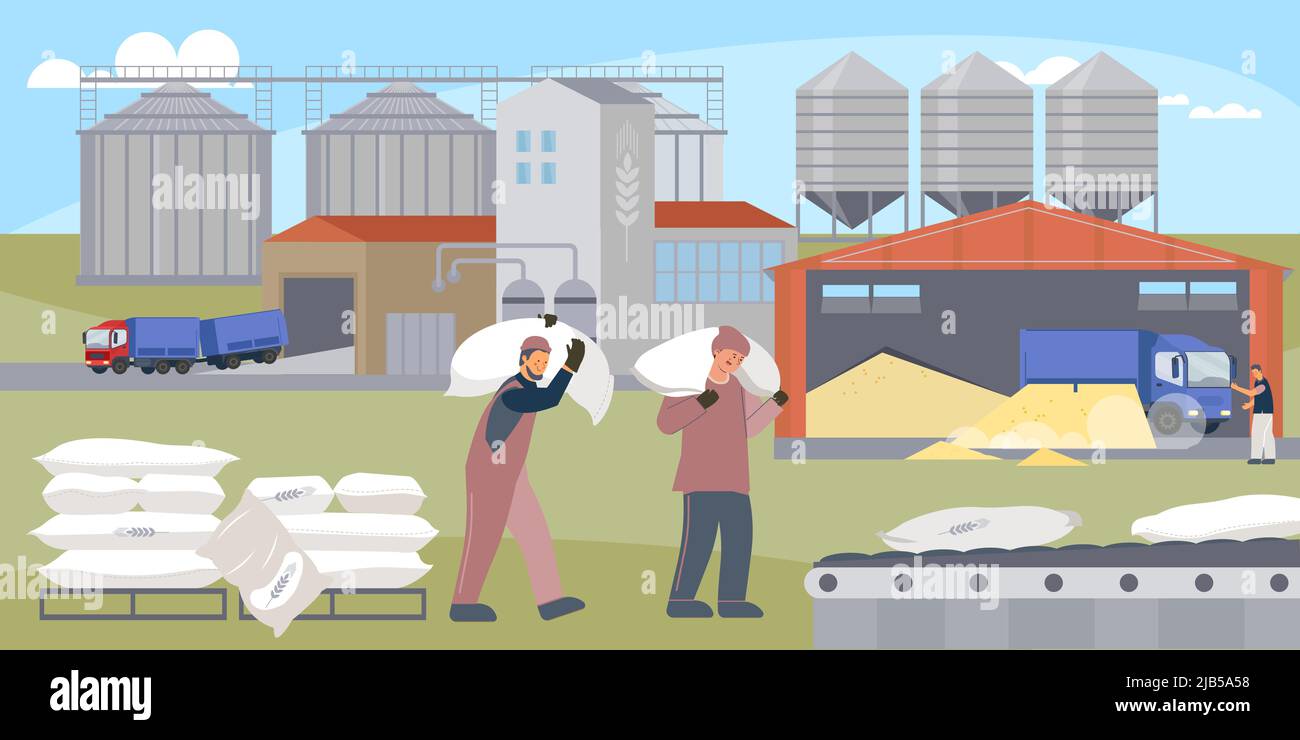 Workers load bags of flour onto a storage conveyor near the mill flat vector illustration Stock