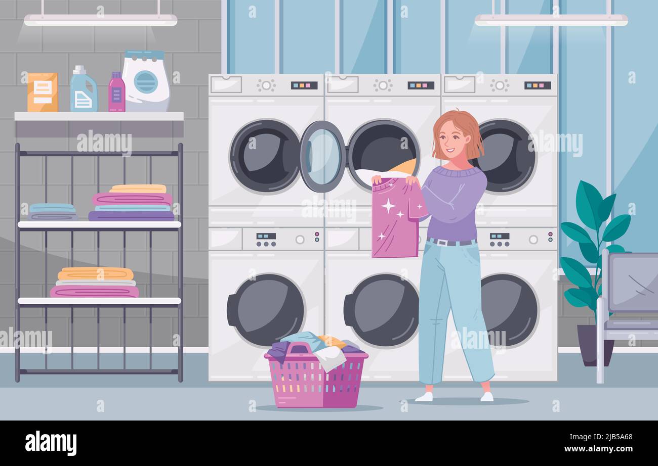 Multi housing self service laundry facility interior view with lady