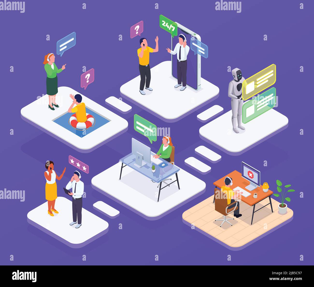 Call center composition with technical support and hotline symbols isometric vector illustration Stock Vector