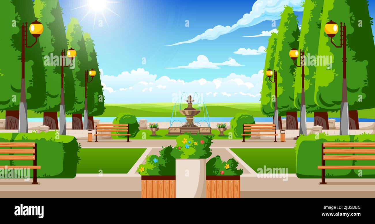 Classical City Suburb Summer Park Landscape With Traditional Topiary Benches Planters Trees