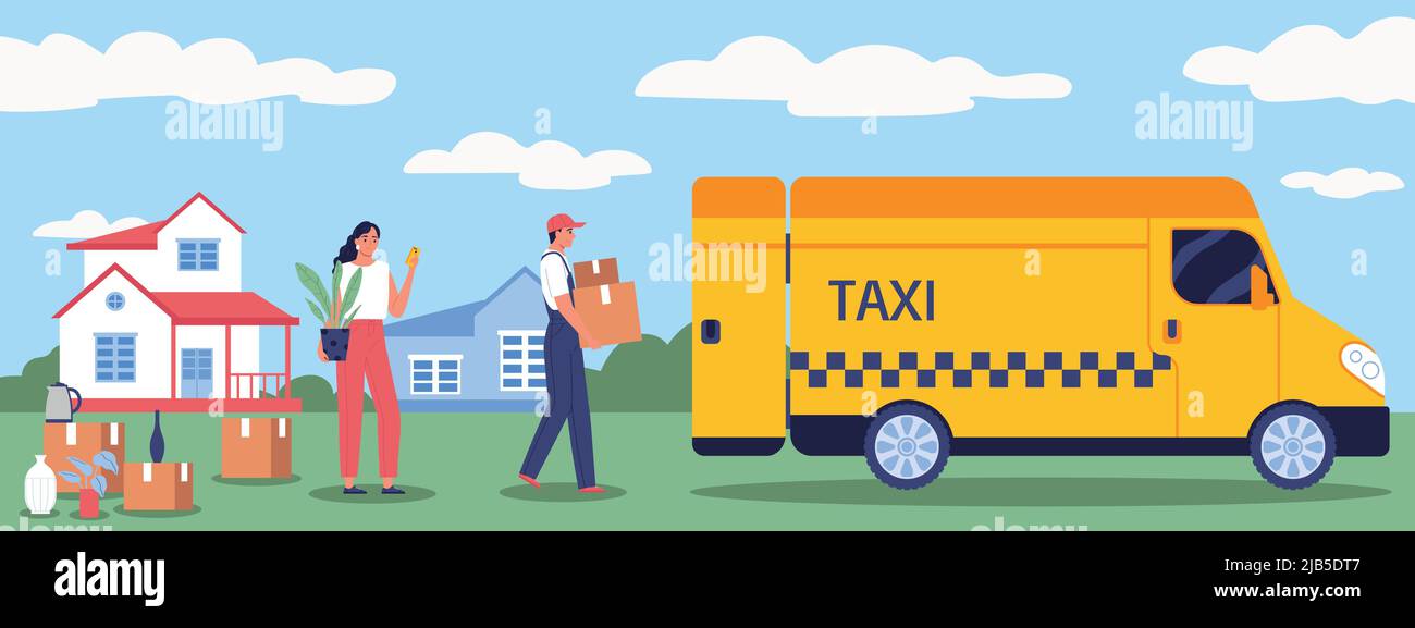 The girl is relocating with the help of a cargo taxi flat vector illustration Stock Vector