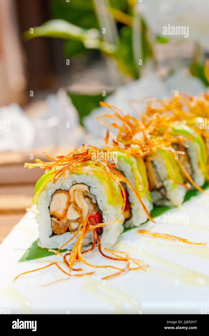 fresh made Japanese sushi rolls called Maki Sushi. Stock Photo