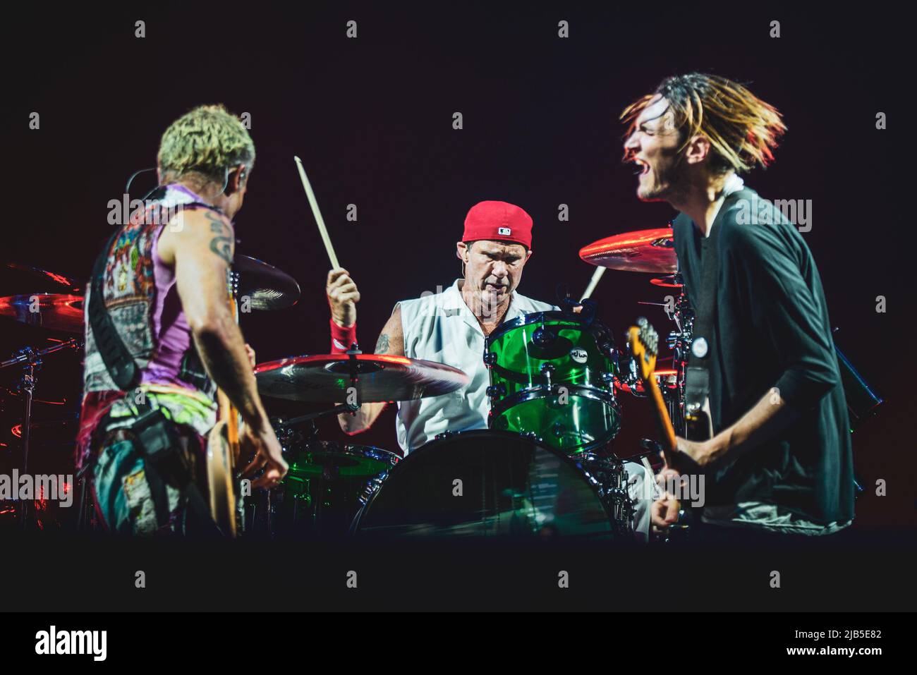 ZURICH, HALLENSTADION, OCTOBER 5TH 2016: Flea (L), Chad Smith (C) and Josh Klinghoffer (R), members of the American funk rock band Red Hot Chili Peppers, performing live on stage for the Swiss leg of the “Getaway World Tour” Stock Photo