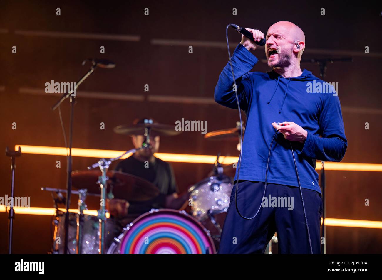 Leeds, UK. 02nd June, 2022. Robert Harvey, Adam Nutter, Stuart Coleman and Phil Jordan of The Music perform at Temple Newsam, Leeds on their exclusive 'For The People' hometown reunion show . 2022-06-02. Credit: Gary Mather/Alamy Live News Stock Photo