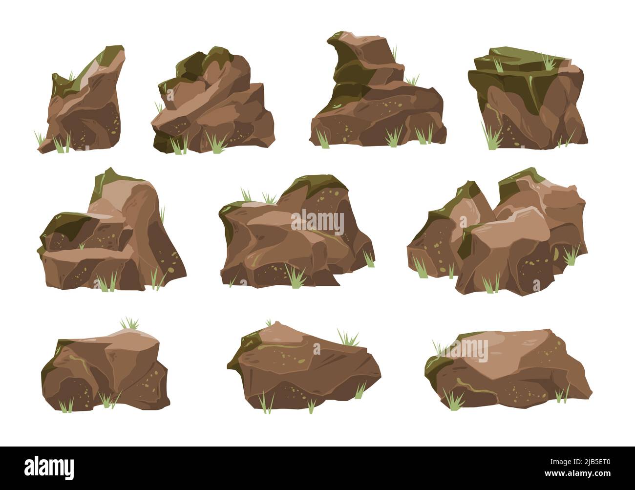 Decorative and natural rocks with moss and light foliage 10 realistic isolated elements set vector illustration Stock Vector