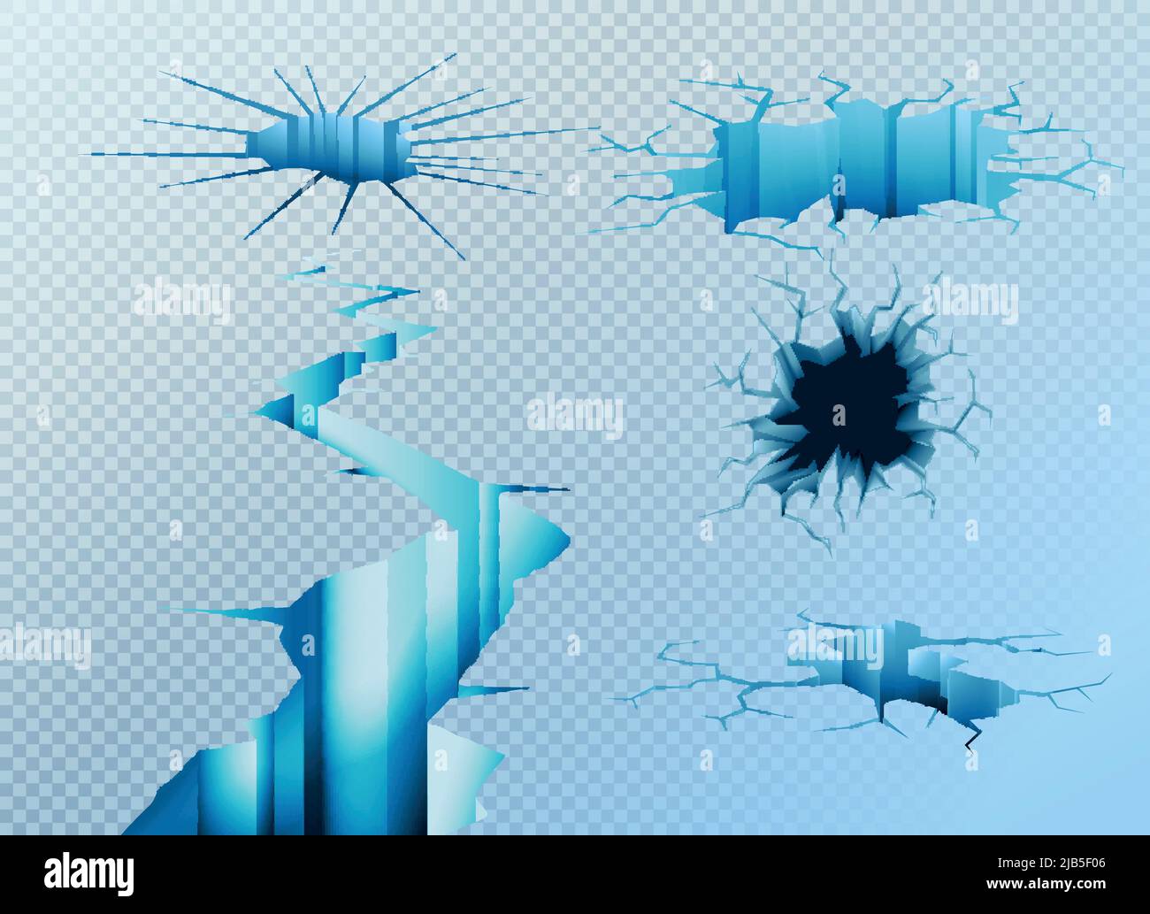 Ice cracks realistic set with isolated images of different holes in ice canopy on transparent background vector illustration Stock Vector