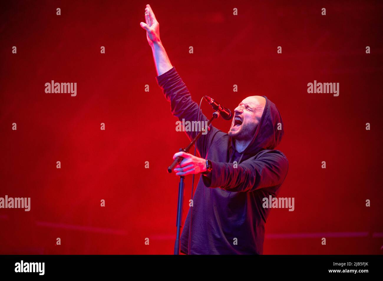 Leeds, UK. 02nd June, 2022. Robert Harvey, Adam Nutter, Stuart Coleman and Phil Jordan of The Music perform at Temple Newsam, Leeds on their exclusive 'For The People' hometown reunion show . 2022-06-02. Credit: Gary Mather/Alamy Live News Stock Photo