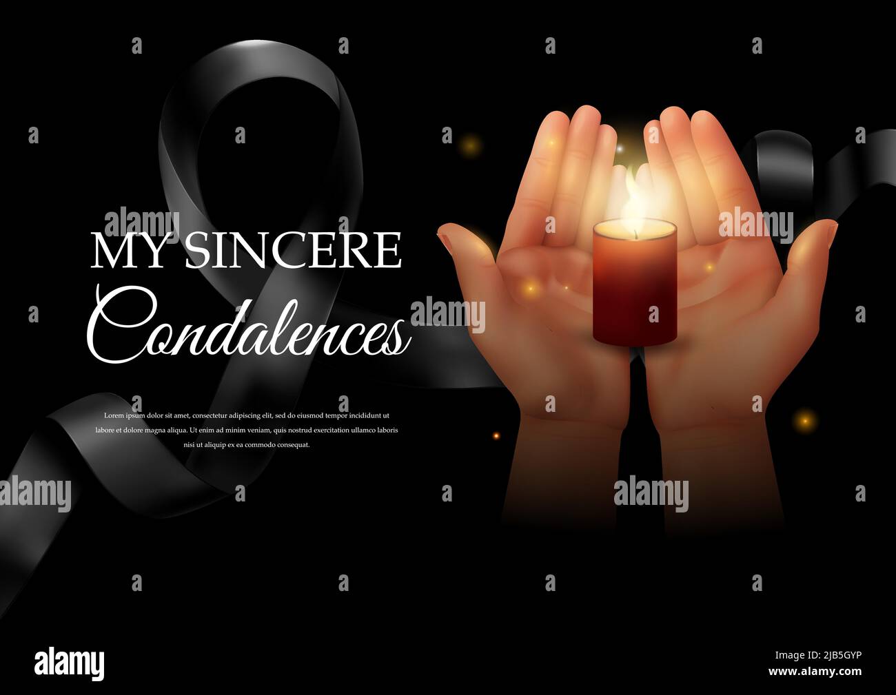 In loving memory horizontal background composition with editable ornate text black ribbon and hands holding candle vector illustration Stock Vector