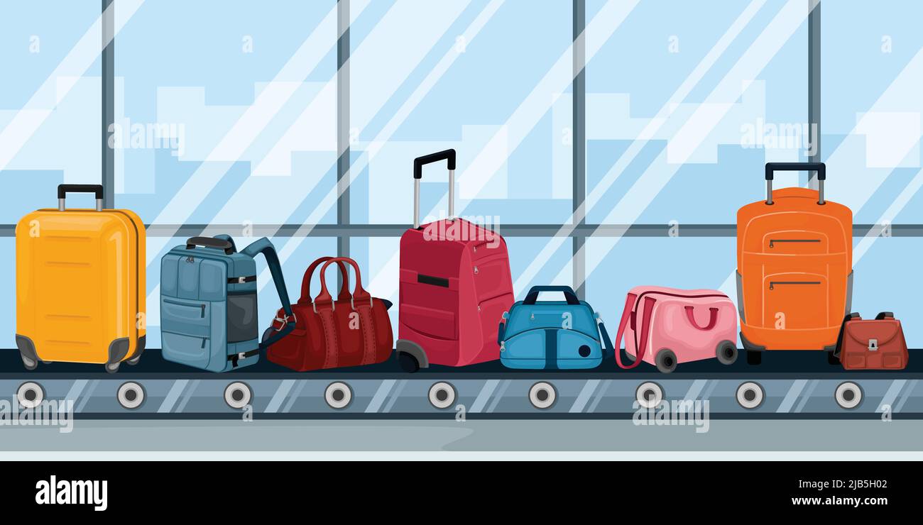 Airport conveyor with luggage color background with travel bags and touristic suitcases on wheels vector illustration Stock Vector